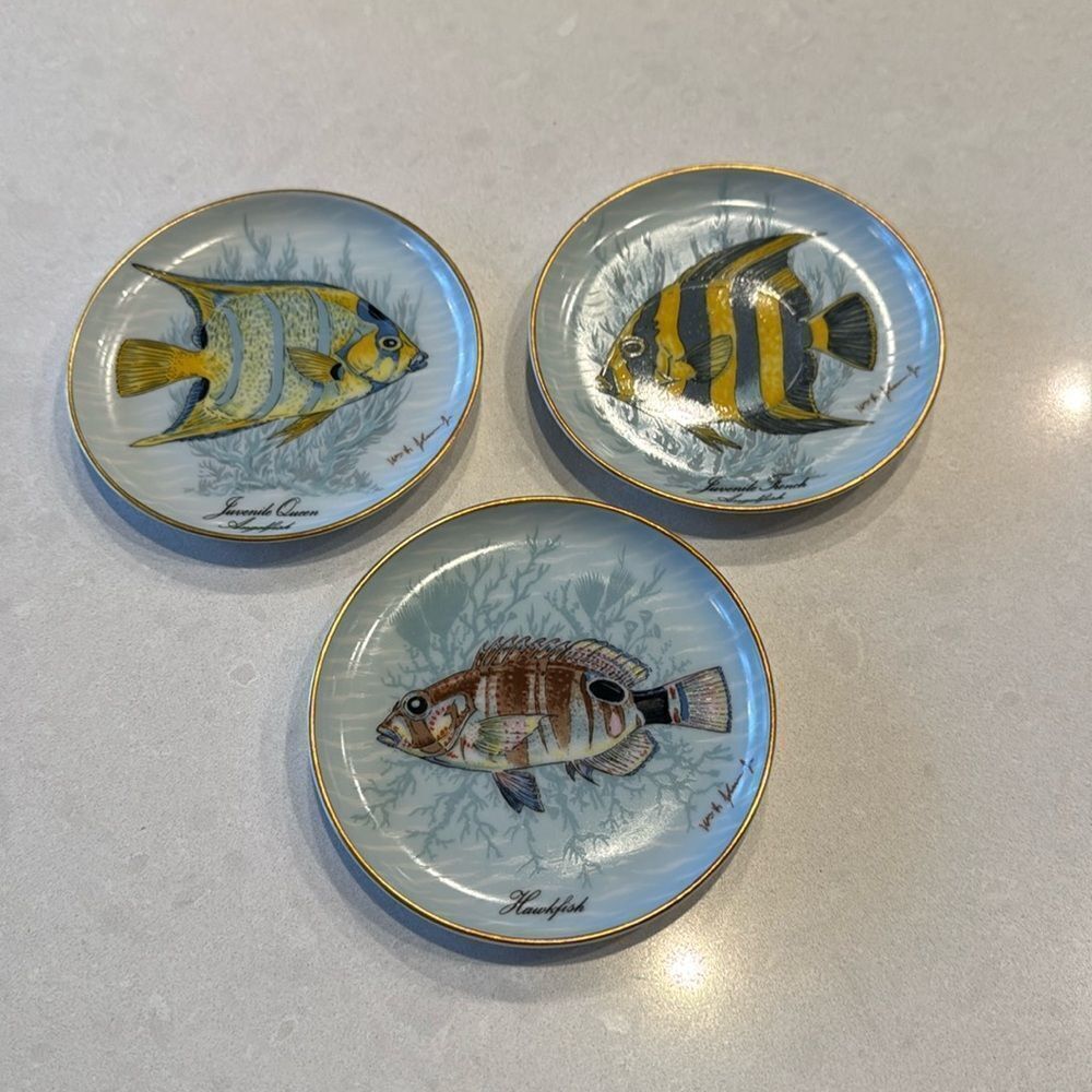 AK Kaiser West Germany Fish porcelain 4 inch coaster, jewelry plates, 3 pc, nice